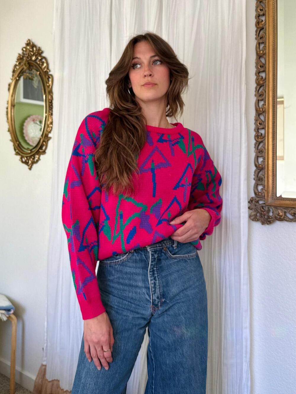 70s Hot Pink Abstract Tree Print Sweater